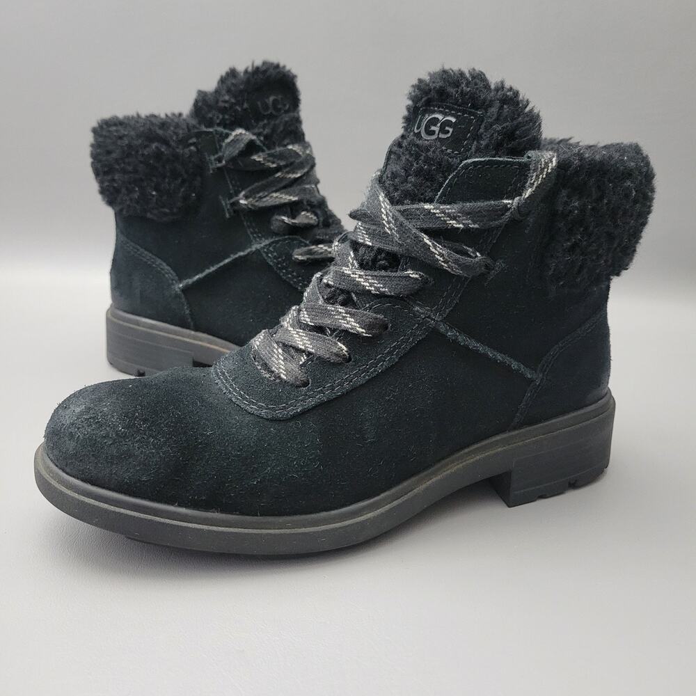 UGG Black Harrison Cozy Lace Up Ankle Boots with Chunky Sole Size 8 Women's